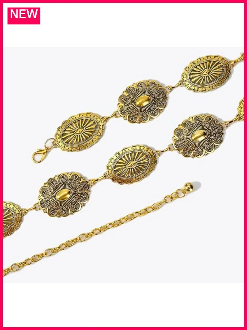 Gold Plated Metal Chain Belt with Conchos - Adjustable Western Waist Chain